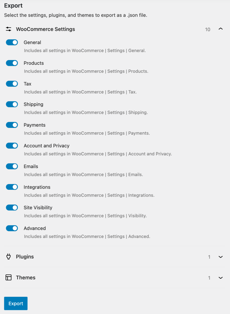 Screenshot of the WooCommerce export settings interface, showcasing options for selecting various WooCommerce settings, plugins, and themes to export as a JSON file.